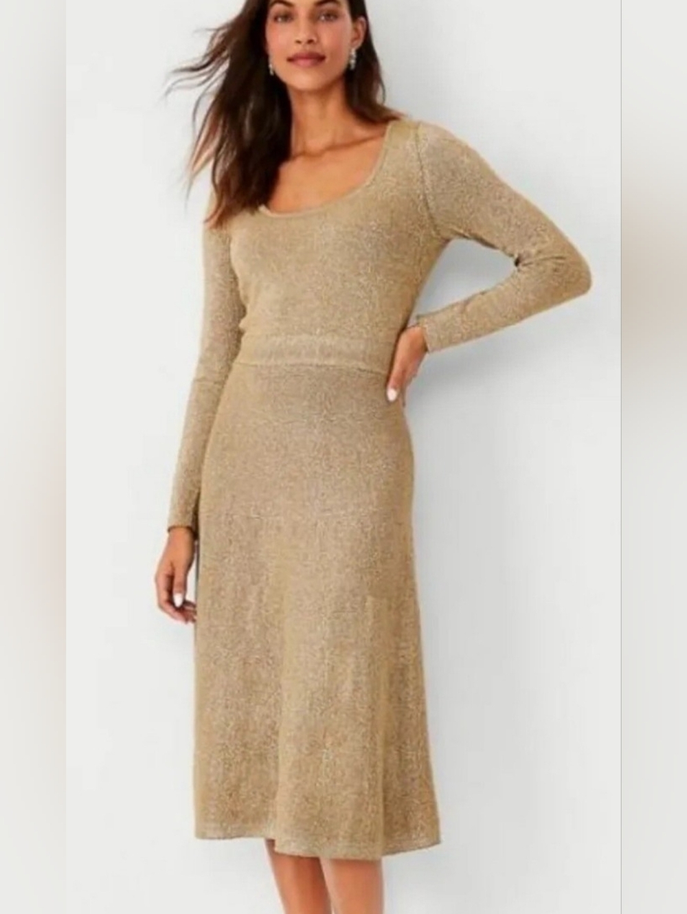 NWT Ann Taylor Metallic Gold Long-Sleeve Scoop Neck Midi Dress